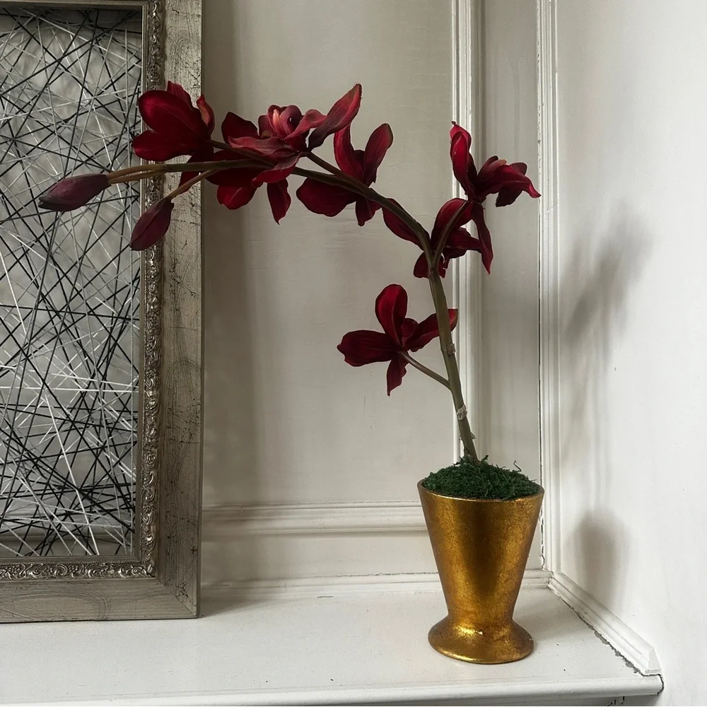 Cymbidium Orchid in Gold Pot Faux